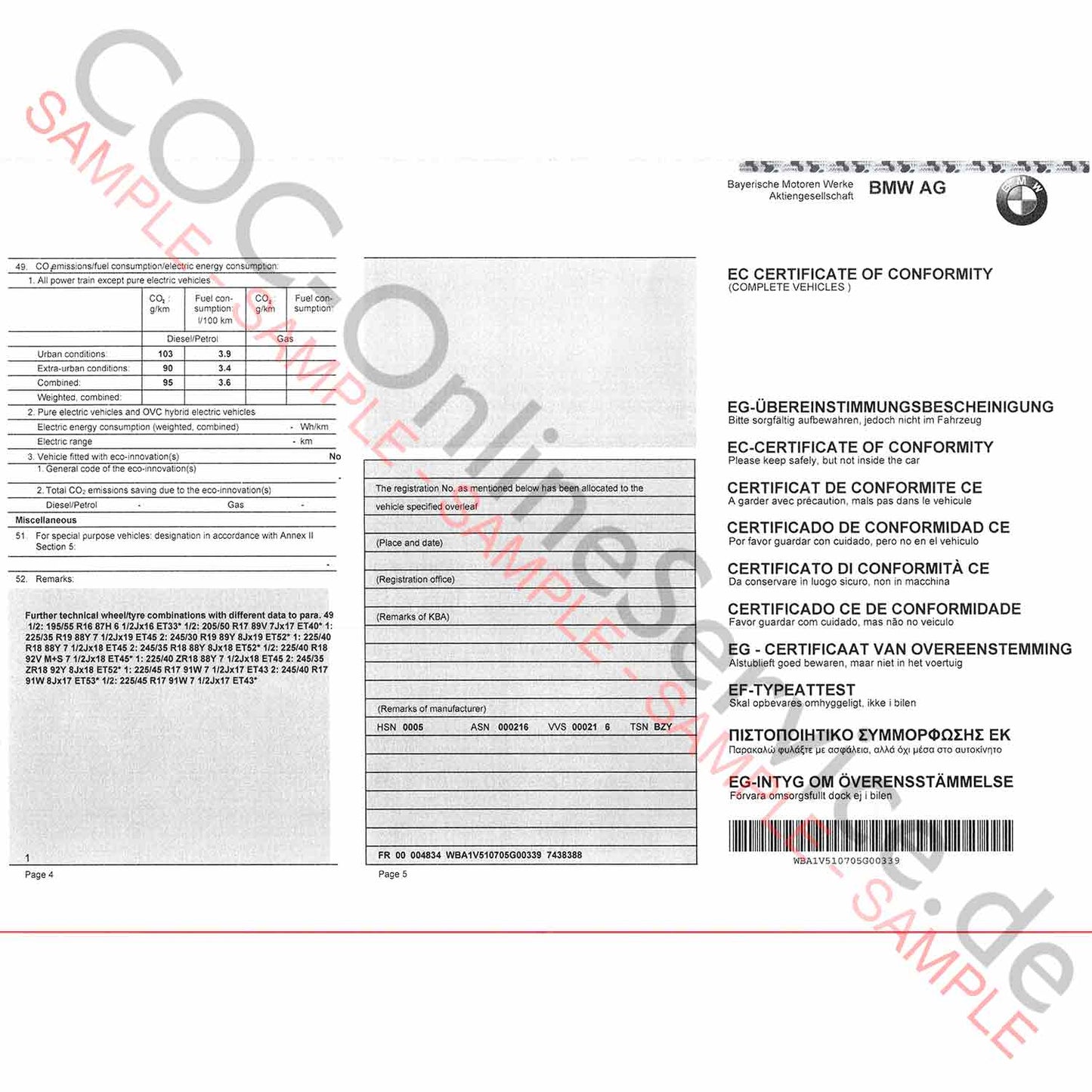 COC-dokumenter til BMW (Certificate of Conformity)
