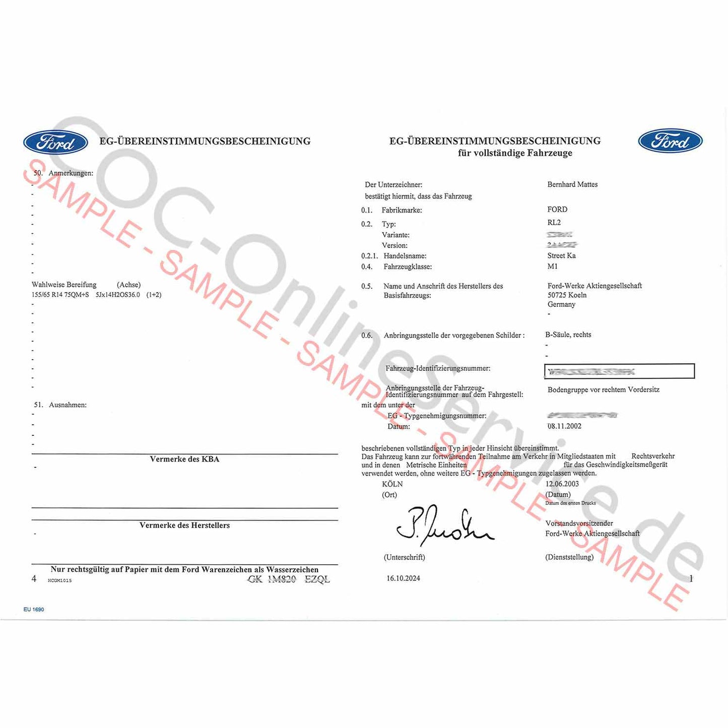 Documenti COC per Ford (Certificato di conformità)