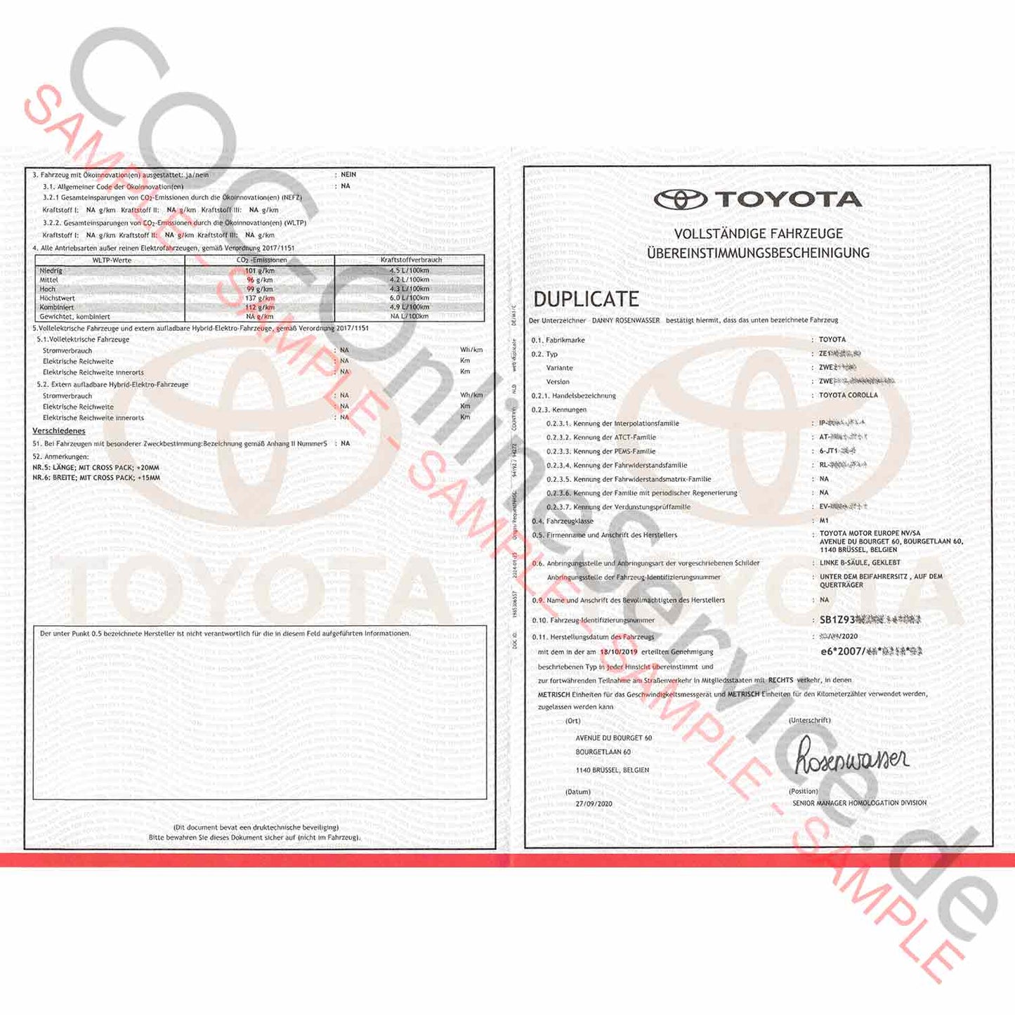 COC-asiakirjat Toyota:lle (Certificate of Conformity)