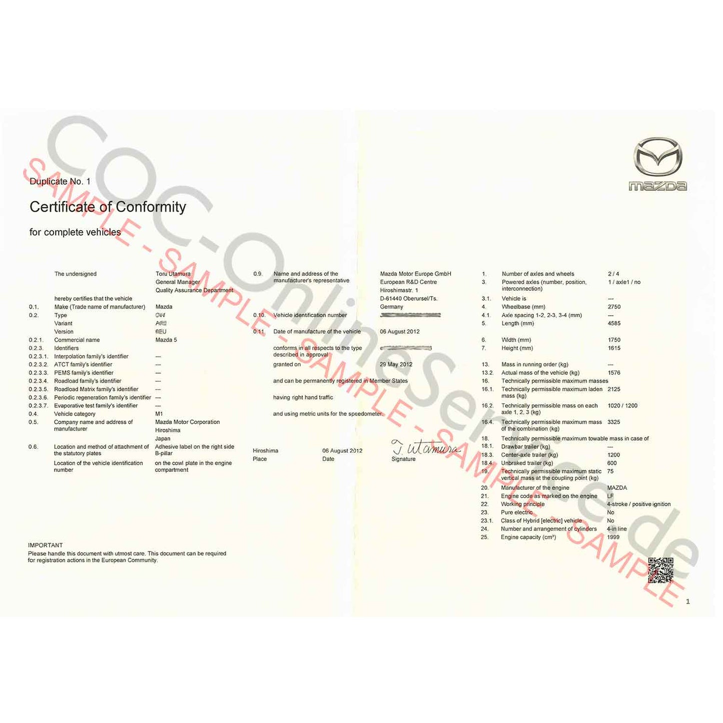 COC dokumentumok Mazda számára (Conformity Certificate)