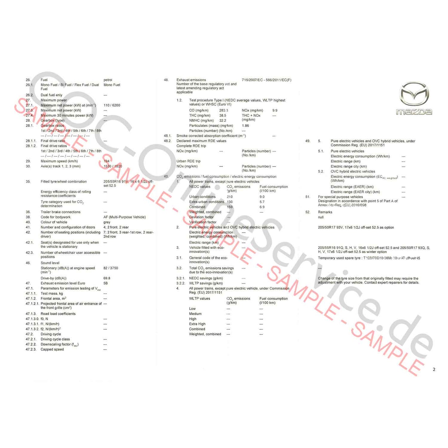 COC dokumentumok Mazda számára (Conformity Certificate)
